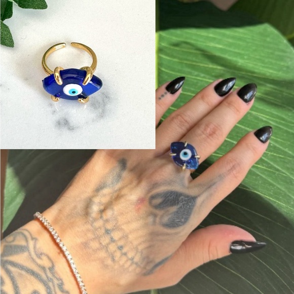 2/$30🌵 Evil Eye Stone Ring Gold Color Adjustable Lucky Symbol Egyptian Jewelry - Picture 1 of 8